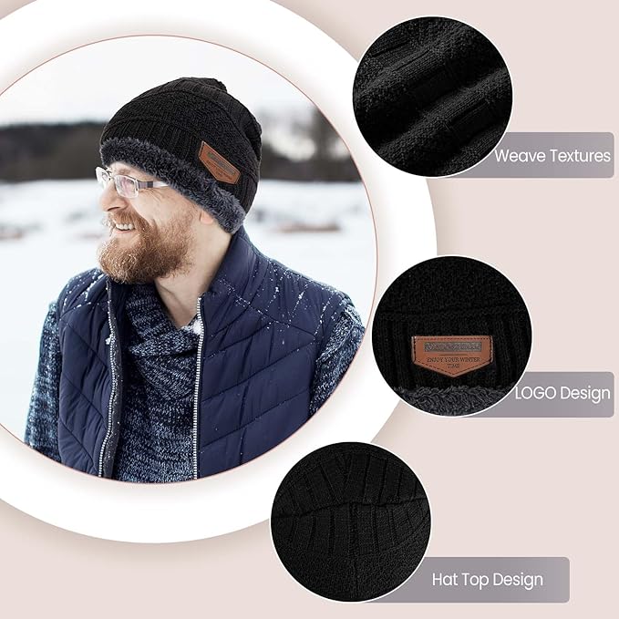 Winter Beanie Hat Circle Scarf Touchscreen Gloves Set, Snow Knit Skull Cap, Warm Thick Fleece Lined Neck Warmer for Men Women