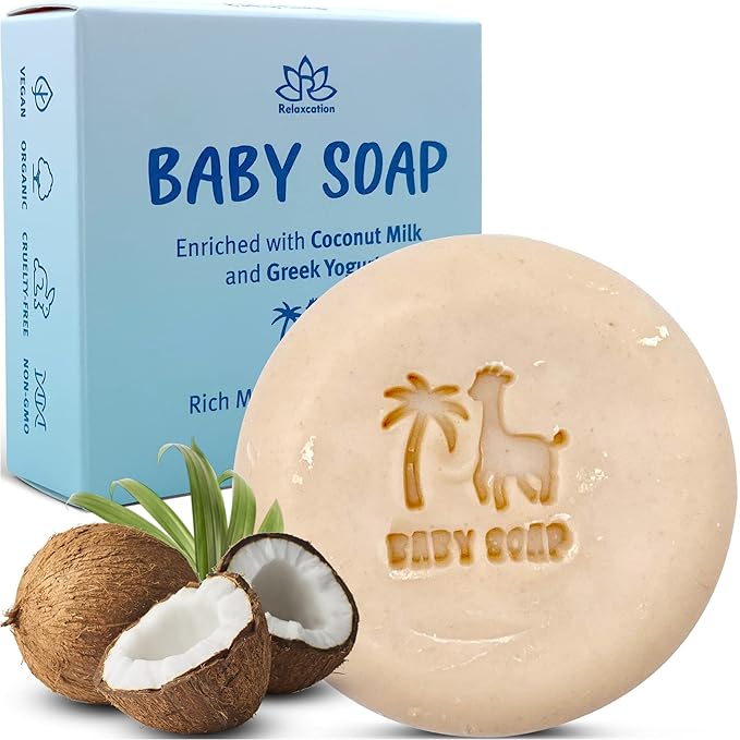 Organic Baby Soap Bar with Greek Yogurt and Coconut Milk - Naturally Cold Processed from Organic Ingredients - Extra Moisturizing Baby's Delicate Skin - Handmade in USA