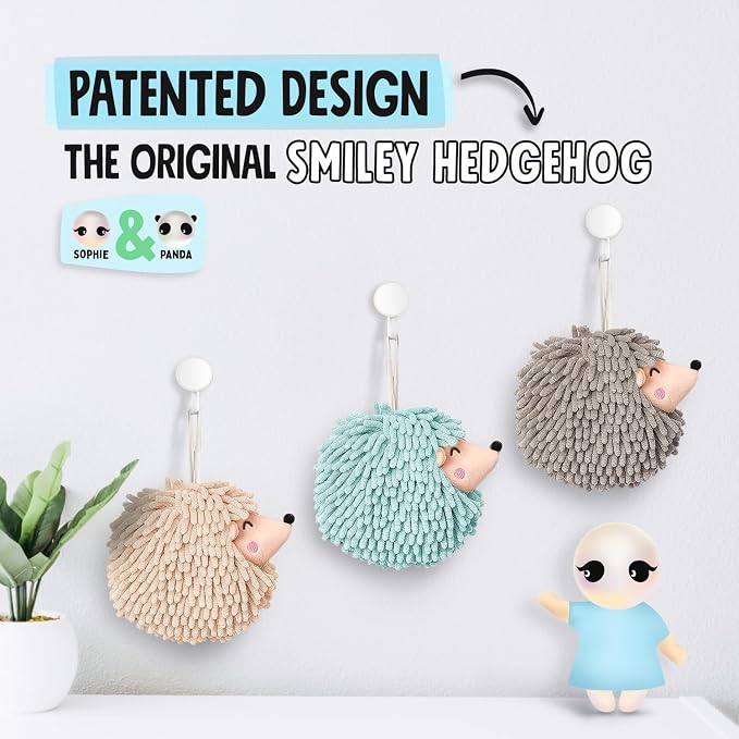 Sophie & Panda Fuzzy Ball Hand Towels - Smiley Hedgehog Hand Towels Family Set – Dry Your Hands Instantly and Conveniently with These Decorative Towels for Bathroom (2-Pack Gray)