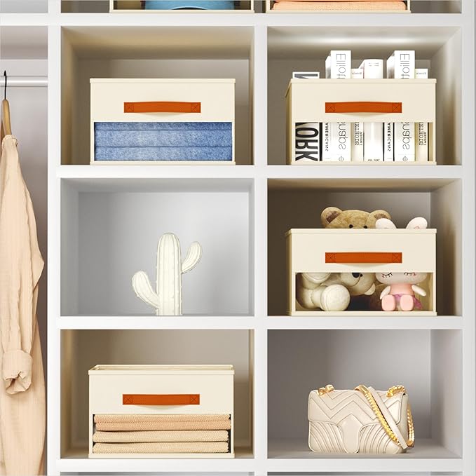 Drawer Organizers and Storage - 8 Pack Foldable Pants Organizer with Clear Window & Handles, Fabric Closet Organizer for Clothes, Jeans, Sweaters, Towels, T-shirt, Scarf (Beige)