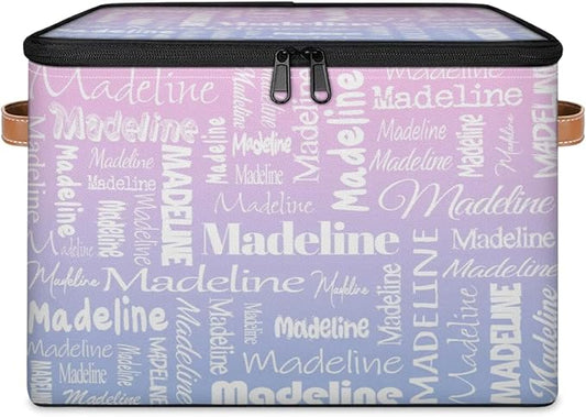 Custom Storage Basket with Name, Personalized Keepsake Box with Zipper Lid, Foldable Fabric Memory Bin Large capacity with Handle Pink Purple