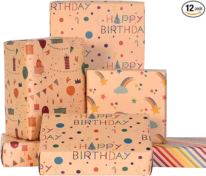 PlandRichW Birthday Wrapping Paper for Kids Girls Women Boys Men,12 Sheets Kraft Brown Recycled Gift Wrapping Paper 4 Styles of ''Happy Birthday'' Balloon Rainbow Stars Precut 20" X 29" Folded