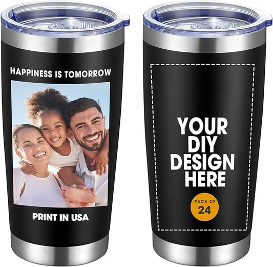Personalized Custom Tumbler Print in USA 24 Pcs 20oz Stainless Steel Coffee Cup with Lid & Straw Double Wall Insulated Tumbler with Colorful Text Logo Photo