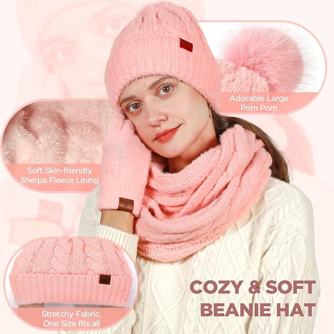 Womens Beanie Hat Infinity Scarf Touchscreen Gloves Fleece Headband 4 in 1 Winter Clothes Set Gifts for Women