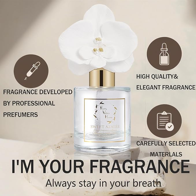 Reed Diffuser Set, Pretty Valley Home Diffuser Gypsum White Orchid Flower Oil 120Ml / 4.05fl OZ Gift Box for Bathroom Office Bathroom Living Room Decor, Long Lasting Fragrance (Sweet Azalee)