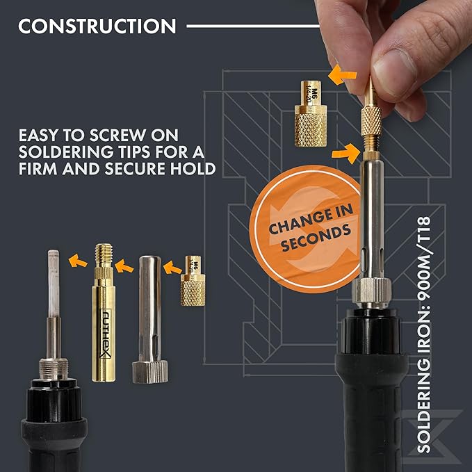 ruthex 7X Soldering Tips/Heat Set Insert Tips - for Thread Inserts M2 / M2.5 / M3 / M4 / M5 / M6 / M8 - #2-56 / #4-40/ #6-32/ #8-32/ #10-24 1/4" and Soldering Iron Adapter 900M / T18