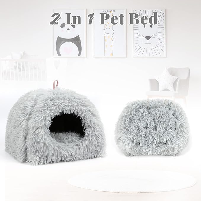 YUEPET Guinea Pig Bed Cave,Warm Guinea Pig Hideout,Light Grey | Cozy Bunny Bed, Washable Long Plush Fabric, Removable Pad, Non-Slip Base, for Ferrets Hamsters Hedgehogs Dwarf Rabbits