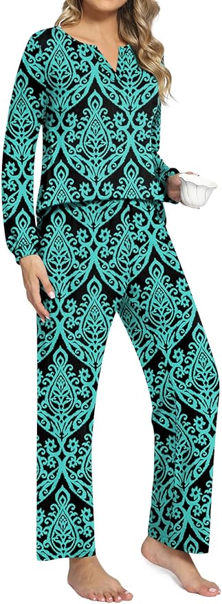 Anyally Women's Plus Size Pajama Sets Ladies Fall Pjs 2 Pieces Lounge Outfits V Neck Long Sleeves Sleepwear with Pockets