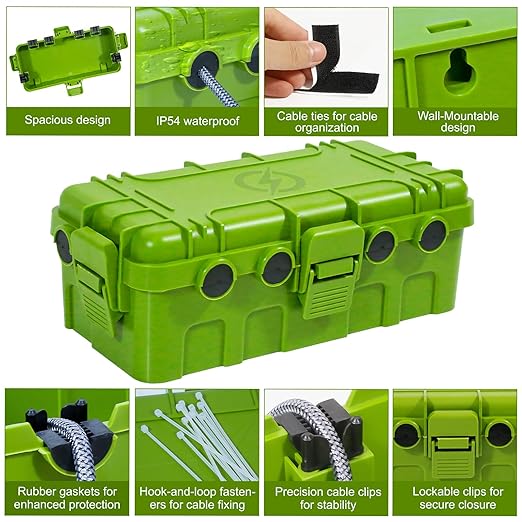 Medium Outdoor Electrical Box (11.6x5.2x4.1 inch), IP54 Waterproof Extension Cord Cover w/ 6 Cable Entry, Weatherproof Connection Box for Power Strip, Plug, Timer, Holiday Lights, Green