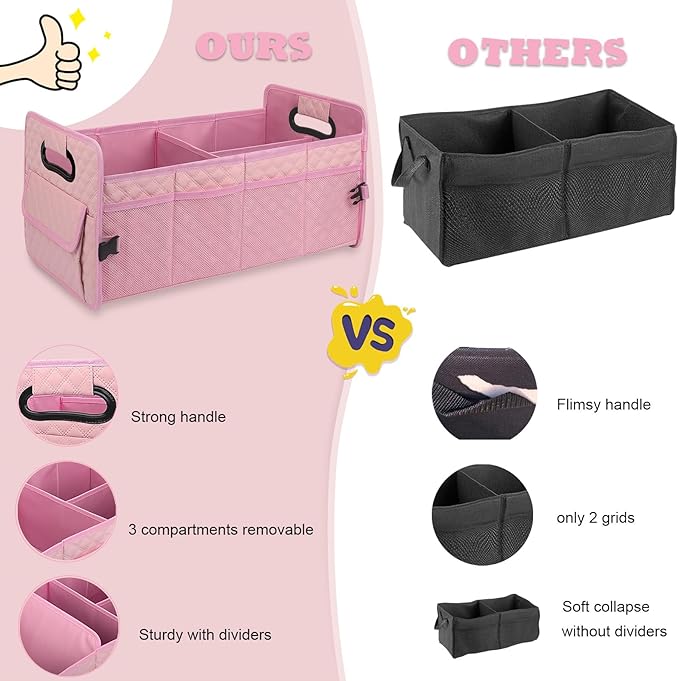JiatuA Car Trunk Organizer for SUV, Car Storage Organizer Collapsible Multi Compartment Container Box, Adjustable Car Accessories for Women/Men, Large Pink