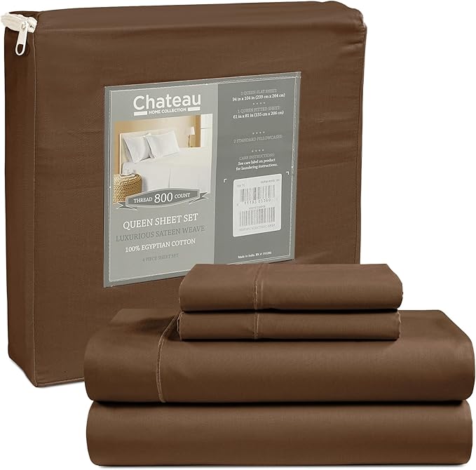 100% Cotton Sheets King Size Sheets Set with Fitted Sheet & Pillowcase Sets, 800 Thread Count Sateen Weave 4 piece Deep Pocket King Sheet Set, Soft & Comfy Naturally Cool Luxury Bedding- Chocolate
