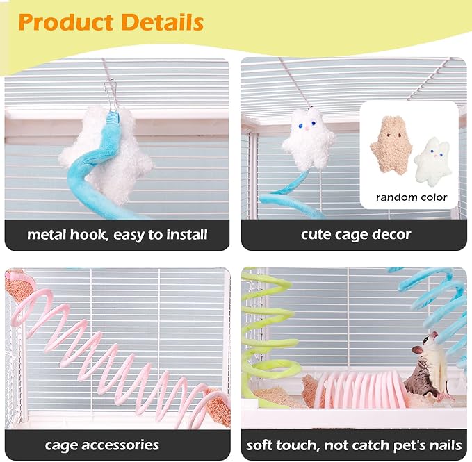 3Pcs Elastic Sugar Glider Climbing Rope Toys, Hanging Cage Accessory | Enrichment Toys Wrapped in Short Plush for Soft Touch & Spring Design Boost Climbing Fun & Build Small Pets’ Climb Strength
