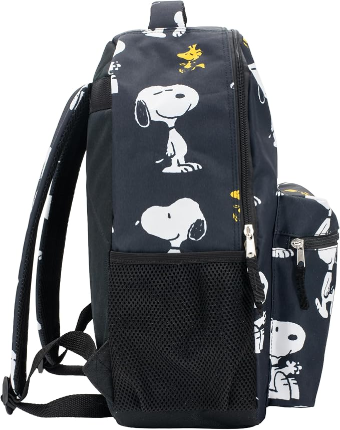 AI ACCESSORY INNOVATIONS Peanuts 16” Backpack With Front Pocket for Girls & Boys, Allover Print Bookbag Featuring Snoopy & Woodstock, Black