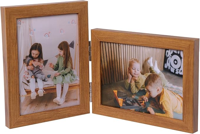 Double Vertical And Horizontal 5X7 Hinged PS Family Picture Frame Collage For Desktop or Tabletop (Wood Grain 5775)