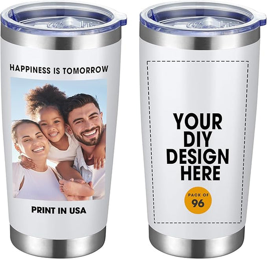 Personalized Custom Tumbler Print in USA 96 Pcs 20oz Stainless Steel Coffee Cup with Lid & Straw Double Wall Insulated Tumbler with Colorful Text Logo Photo