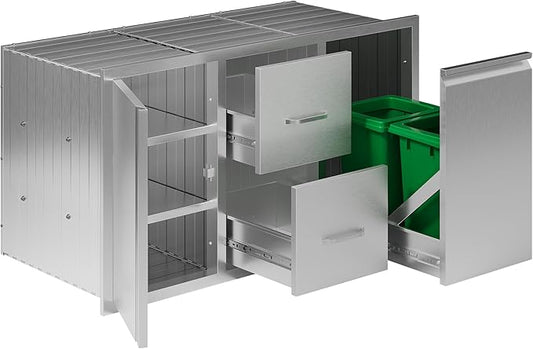 Jocisland 41.5" W20 D23 H Stainless Steel Outdoor Kitchen Drawers, Double Drawers with Trash Drawer & Door, 3-Tier Cabinet, Built-in BBQ Island Storage for Outdoor Kitchens