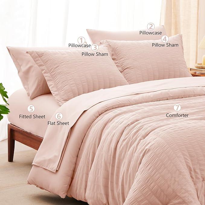 CozyLux King Size Comforter Set Blush Pink Seersucker 7 Pieces Bed in a Bag King Comforter Set with Sheets, Luxury Bedding Set with Down Alternative Comforter, Sheets, Pillowcases & Shams All Seasons