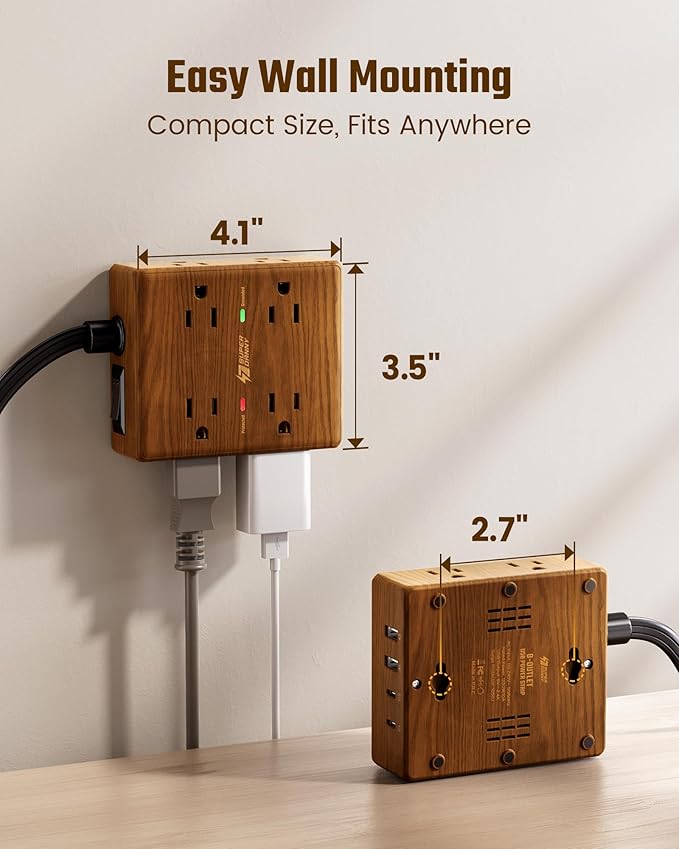 Brown Extension Cord 10Ft, Flat Plug Power Strip Surge Protector, 8 Outlets & 4 USB Ports (2 USB C), Desktop Charging Station Hidden Behind Furniture, Decorative Office Desk Accessories (Walnut Wood)
