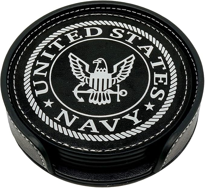 US Navy Leather Coaster Set - 4 Premium Coasters with Hot Stamped Foil Logo - Navy Gifts for Sailors | Disabled Vet Owned Business