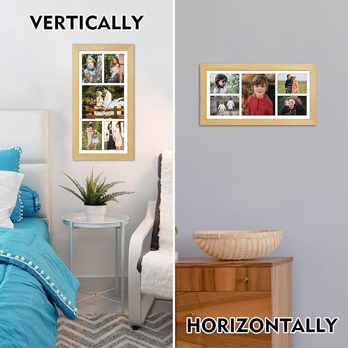11x23 Picture Frame Display 5 opening 5x7 and 8x10 Picture Frame Collage,Multi Photo Frame with Mat,Plexiglass,Horizontal and Vertical Formats for Wall Decor,Natural Wood Grain