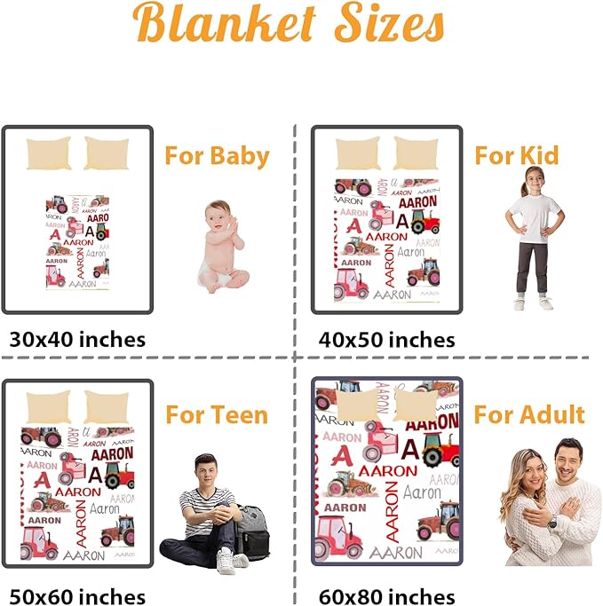 Personalized Tractors Blanket - Custom Name with Farm Tractor Trucks Design - Soft Plush Flannel Bed Blanket for Baby Kid Teen Boys Girls Customized Gifts White & Red