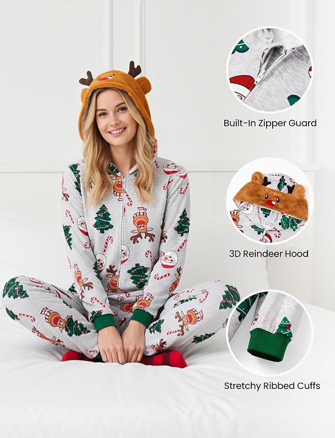 PATPAT Matching Family Christmas Onesie Pajamas – Holiday Hooded Jumpsuit Sleepwear PJs Couples Xmas Loungewear with Socks