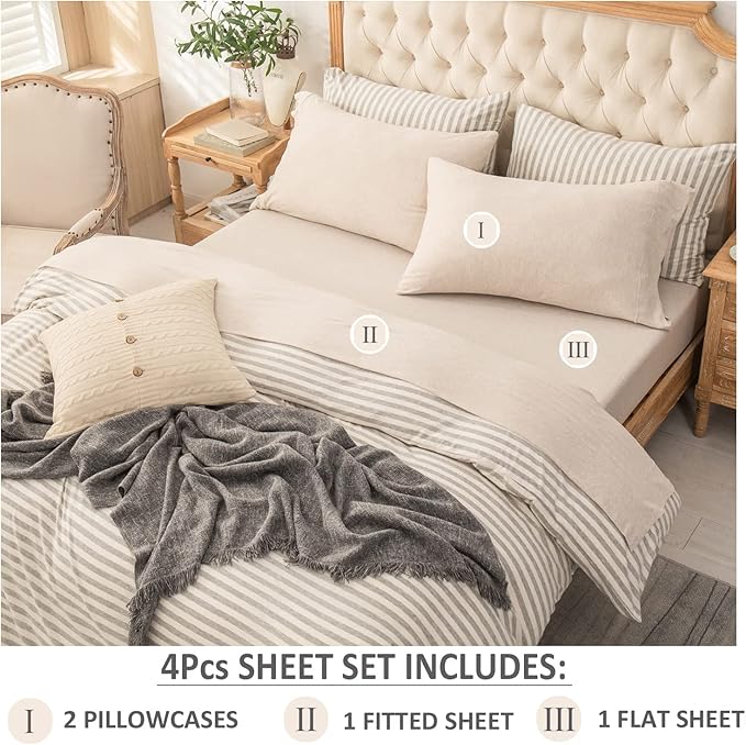 PURE ERA Jersey Knit 4pc Bed Sheet Set 100% T-Shirt Heather Cotton Super Soft Comfy Breathable Fits Mattress Up to 20" Extra Deep Pocket (Heather Beige, King)