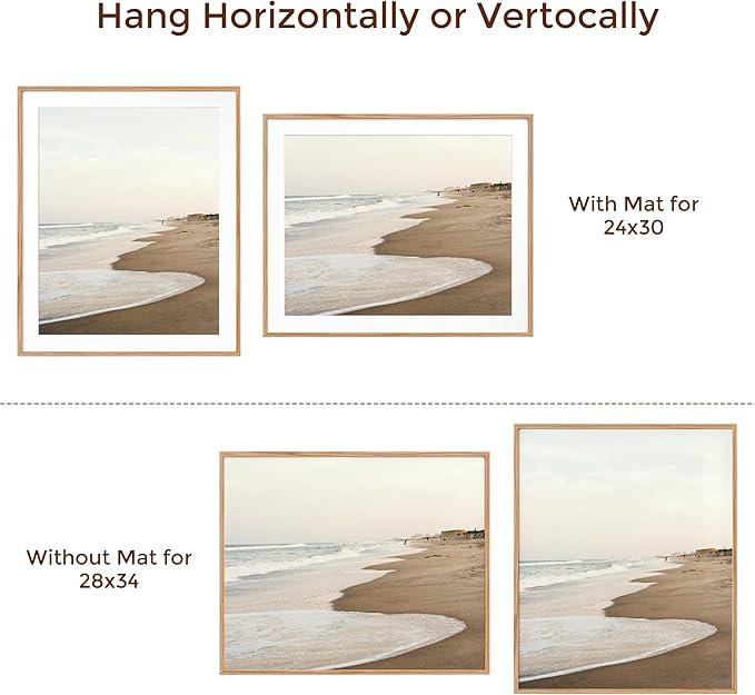 28x34 Large Poster Frame, Solid Oak Wood 28 x 34 Picture Frames for Wall, Tempered Real Glass, 28x34 Frame with Mat for 24x30, Rustic Wood 28 by 34 Frames for Home Decor, Natural Oak Color