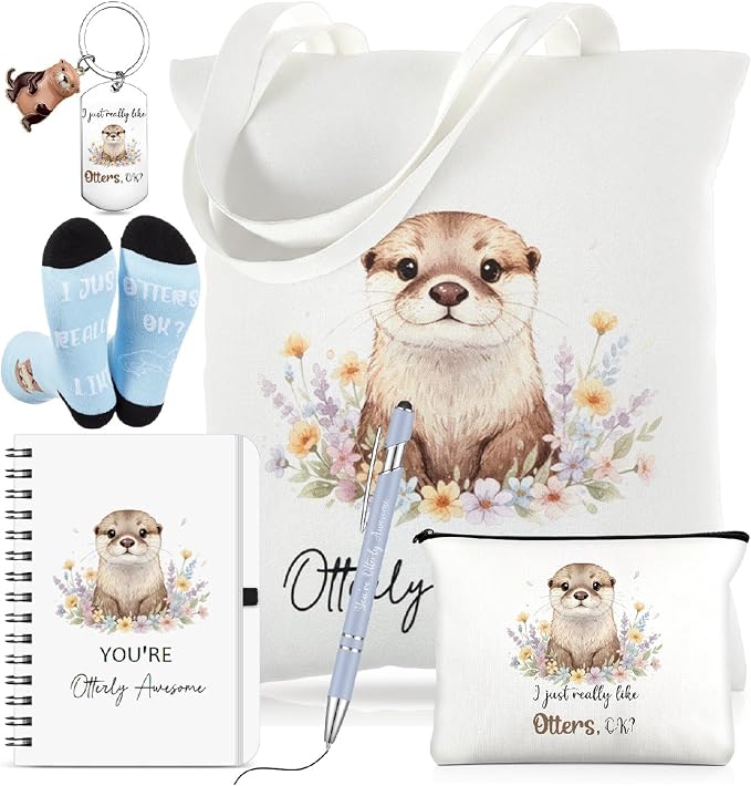 Talltalk 6 Pcs Otter Gifts for Women Sea Otter Lover Gifts Set, Socks Canvas Bag Makeup Bag Spiral Notebook Ballpoint Pen and Stainless Steel Keychain for Christmas Birthday Graduation Thanksgiving