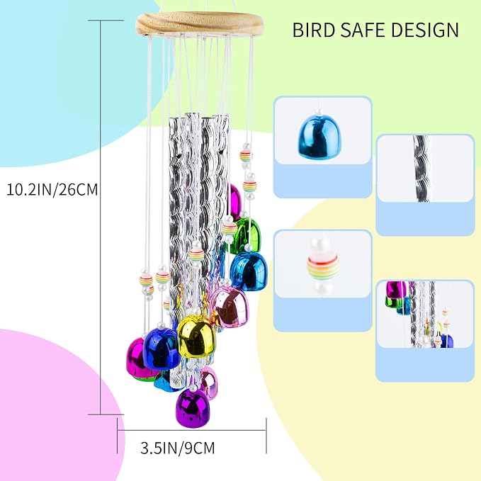 FlidRunest Bird Toys, Conure Wind Chimes Chewing Toy with Colorful Stick, Parakeet Toys 4 Aluminum Tubes 11 Bells, Parrot Cage Windchime Hanging Bells Toys for Conure, Parakeet, Cockatiel