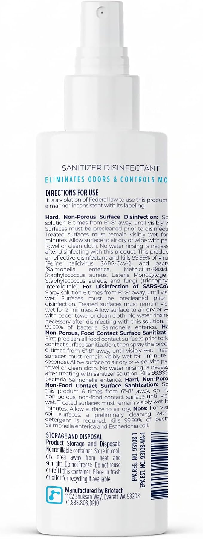 BRIOTECH Sanitizer Disinfectant Hypochlorous Spray, Kill 99.99% of Viruses & Bacteria, Control Mold, Eliminate Odor, Gentle for Nursery & Play Rooms, Food Contact Surface Sanitizer, 8 fl oz (4 Pack)