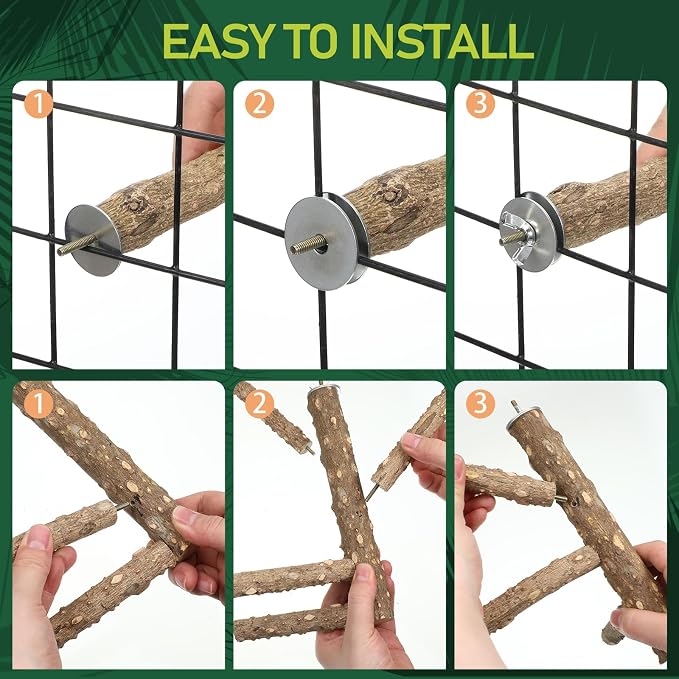 7PCS Natural Wood Bird Perch Set, Includes Paw Grinding Forks, Chewing Sticks, Exercise Branches, Hanging Multi-Branch Perch Platform, Swing Toy Rope Perches, for Medium Birds