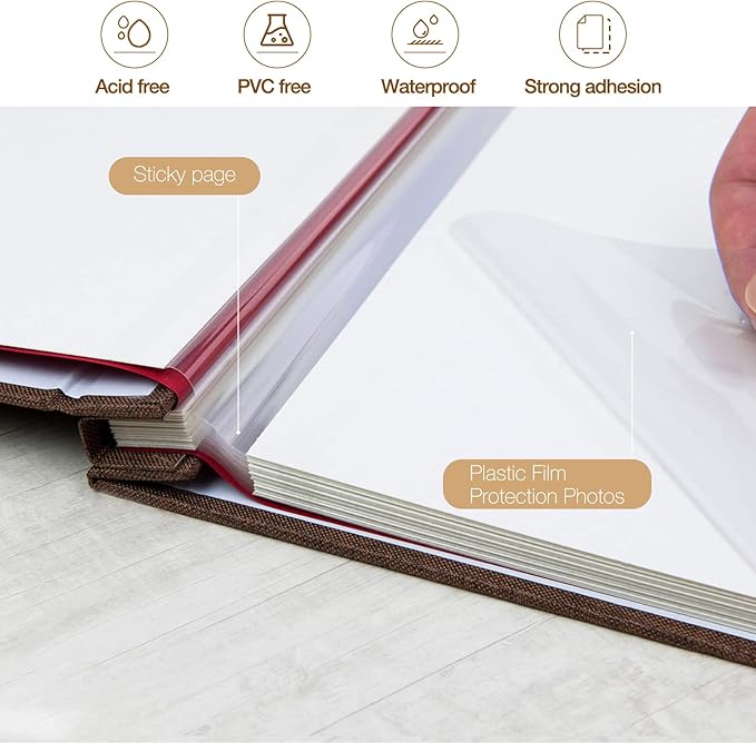 potricher Large Photo Album Self Adhesive 3x5 4x6 5x7 8x10 10x12 Pictures Linen Cover 40 Blank Pages Magnetic DIY Scrapbook Album with A Metallic Pen (Brown, 13.2x12.8 inch 40 Pages)