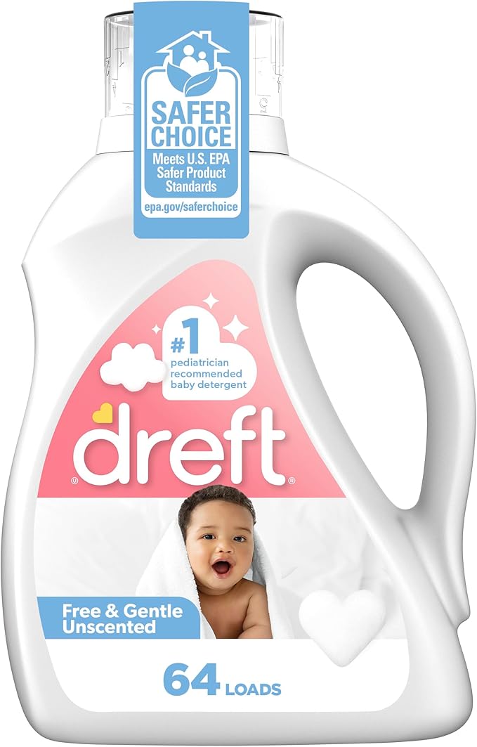 Dreft Free & Gentle Liquid Laundry Detergent, Free of Dyes and Perfumes for Families, Hypoallergenic, 64 loads