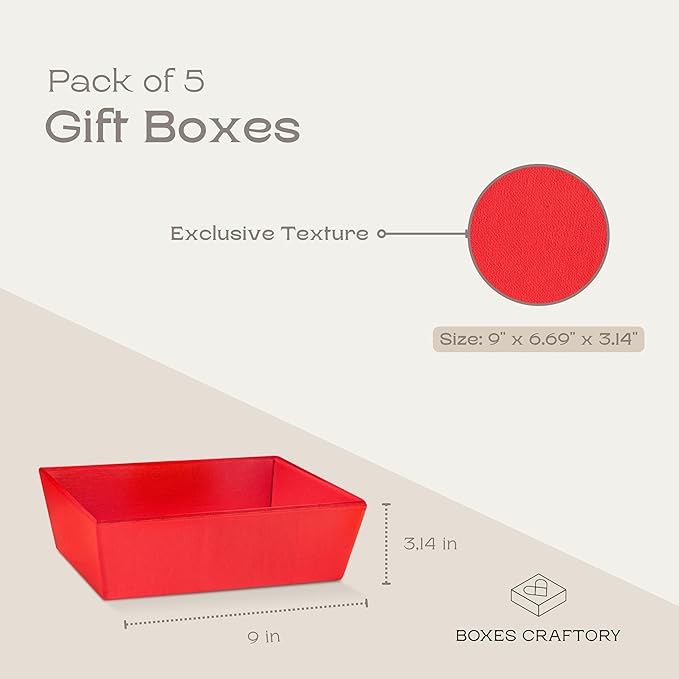 Pack of 5 Empty Baskets for Gifts - Gift Baskets Empty to Fill Ideal for Christmas Gifts and Valentines Presents | 9" x 6.69" x 3.14" Red Linen
