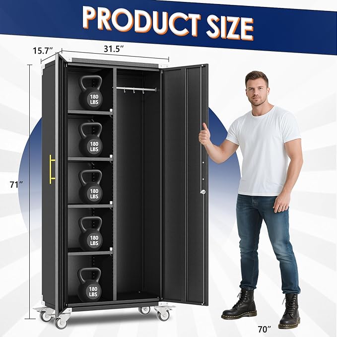 71" Broom Storage Cabinet, Cleaning Tool Storage Cabinet, Garage Utility Storage with Hooks and Hanging Rods, Heavy Duty Garden Tool Organizer, for Home, Garage, Laundry Room, Gym, Workshop.