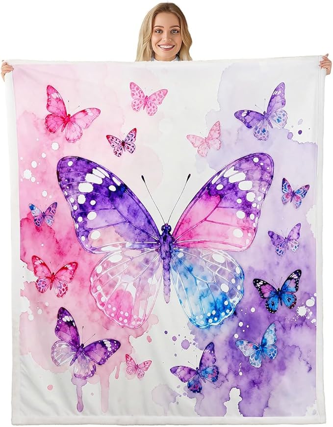 Feelyou Girls Watercolor Butterfly Fleece Throw Blanket Throw 50"x60" Kids Pink Purple Sherpa Blanket Plush Fuzzy for Bed Couch Chair Living Room, Girly Bed Blanket Room Decor