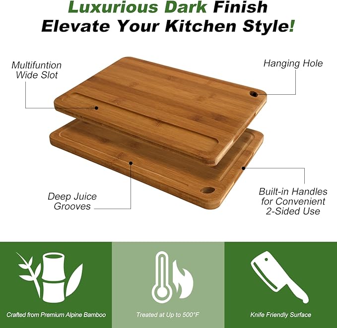 Bamboo Cutting Board Set of 3 for Kitchen, Chopping Boards with Juice Groove & Built-in Handles, Perfect for Meat, Vegetables, Fruits, Kitchen Gift for Home Cooks & Chef, Dark Brown