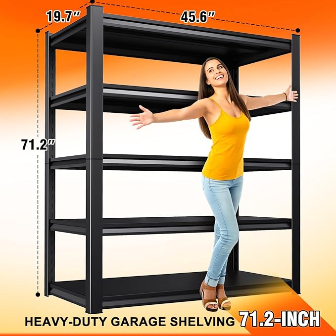 46''W Storage Shelves,3000LBS Garage Shelving,Adjustable Garage Shelves,Heavy Duty Metal Shelving, 5 Tier Wood Utility Steel Shelf, Easy-to-Install Shelving Units and Storage 71.2''x46''x19.7