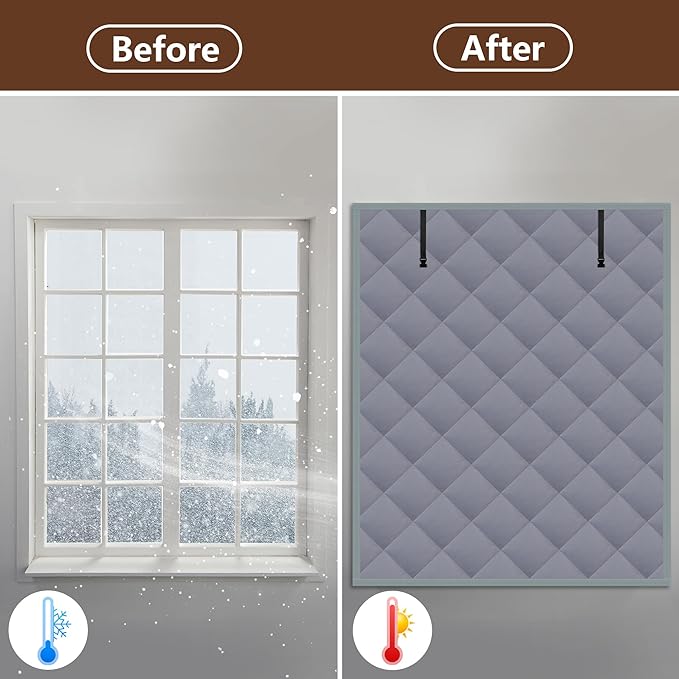 3 Layer 63 x 39 Inches Winter Insulated Window Cover-Oxford Thermal Insulated Window Blanket with Fastener-Gray Window Insulation Kit for Winter Keeping Warm