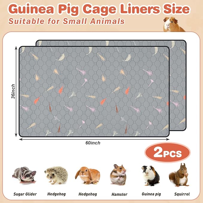 2Pcs Guinea Pig Cage Liners,Guinea Pig Fleece Cage Liners36''X60'' Super Absorbent Washable Pee Pads Reusable for Rabbit Hamster Chinchilla