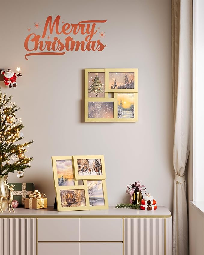 SONGMICS 4x6 Collage Picture Frames, Family Photo Collage Frame Set of 4 for Wall Decor, Glass Front, Wall Hanging or Tabletop,Christmas Gift, Pale Gold URPF025A01