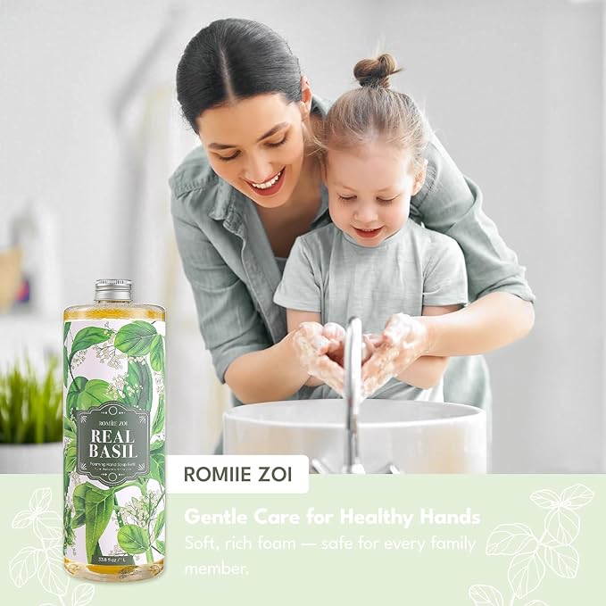 ROMIIE ZOI Basil Foaming Hand Soap Refill Gift Set – 3 Pack (33.8 Fl Oz Each) with Refillable Dispenser – Gentle, Moisturizing, Plant-Based Formula – Bulk Refill Bottles for Bathroom & Kitchen Use
