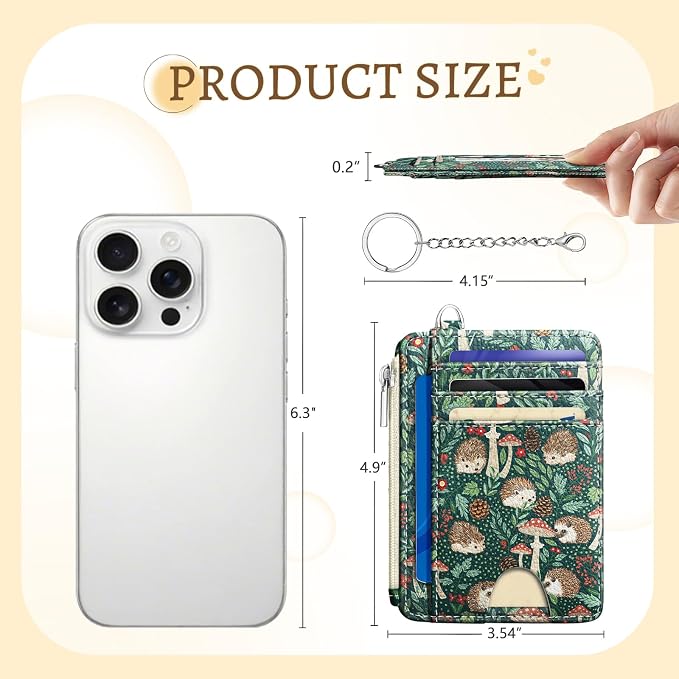 Kelvoris Credit Card Holder Small Wallet Women, Slim RFID, Cute Hedgehog | Keychain, Zipper Coin Pocket, Front Pocket Thin Travel Card Case, Minimalist, 6 Card Slots, 1 ID Window, Ladies Gifts Woman