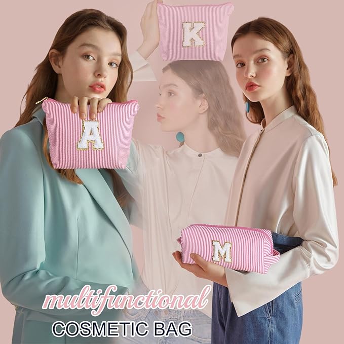 YOOLIFE Personalized Birthday Gifts for Women Teacher, Initial Cute Pink Cosmetic Makeup Bag Pouch Case Travel Toiletry Make Up Bag for Women Friends Female Friendship Girlfriend Wife Gifts Idea D