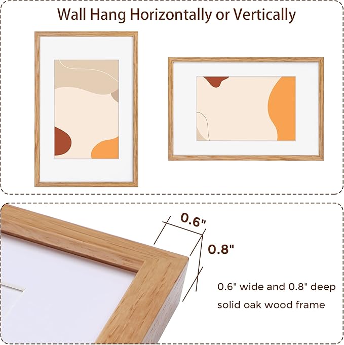 11x17 Picture Frame, Solid Oak Wood 11"x17" Picture Frames, 11 x 17 Poster Frame for Wall, 11x17 Wood Photo Frame - 8x12 with Mat, Tempered Real Glass (Beige Oak Color, 1 Pack)
