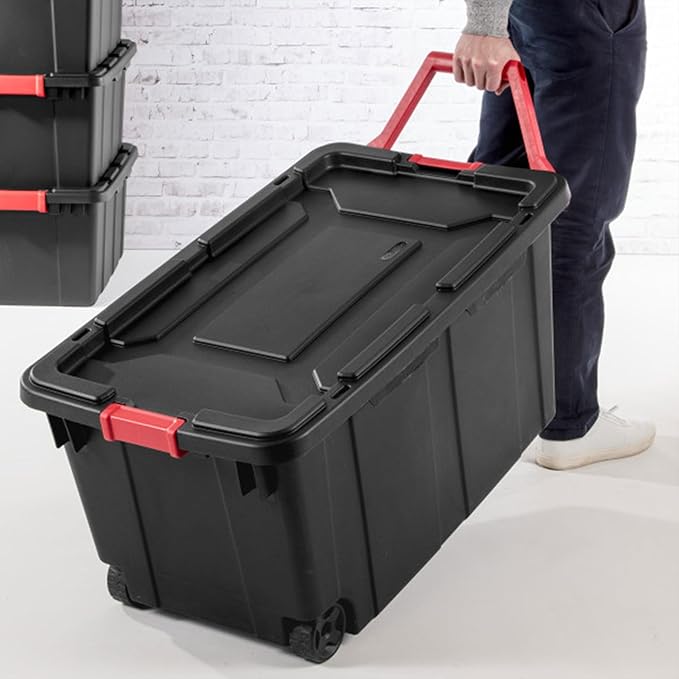 Sterilite 8-Pack Industrial Tote, Heavy-Duty Storage Bins w/Lids and Wheels, 40 Gallon - Stackable Organizing Containers for Home, Garage, Office, and Basement