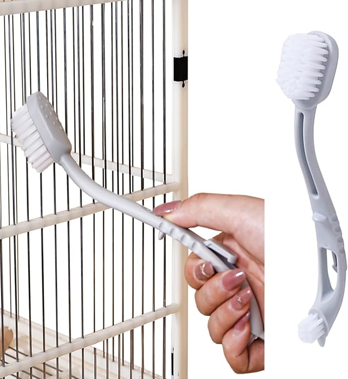 Bird Cage Cleaner with Double Brush Heads Long Handle Cleaning Tool for Small Animal Ferret Bunny Guinea Pigs Cages Food Bowl Pads Groomming (4PC)