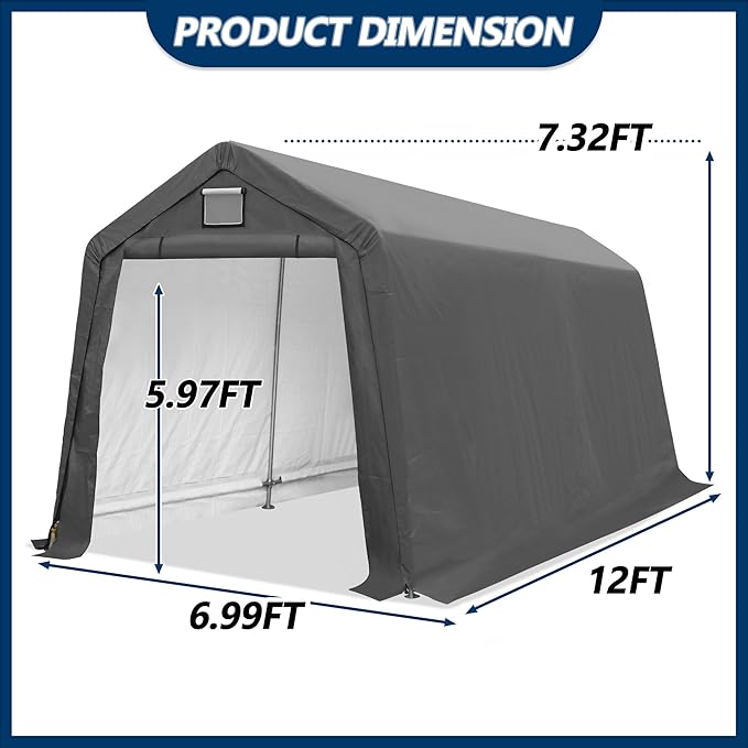 COVERONICS 7' x 12' Outdoor Storage Shed - Heavy Duty Portable Shelter Carport with Ventilation Windows and Roll-up Doors, Storage Shelter Tent for Motorcycle, Bike, Lawnmower and Garden Tools, Grey