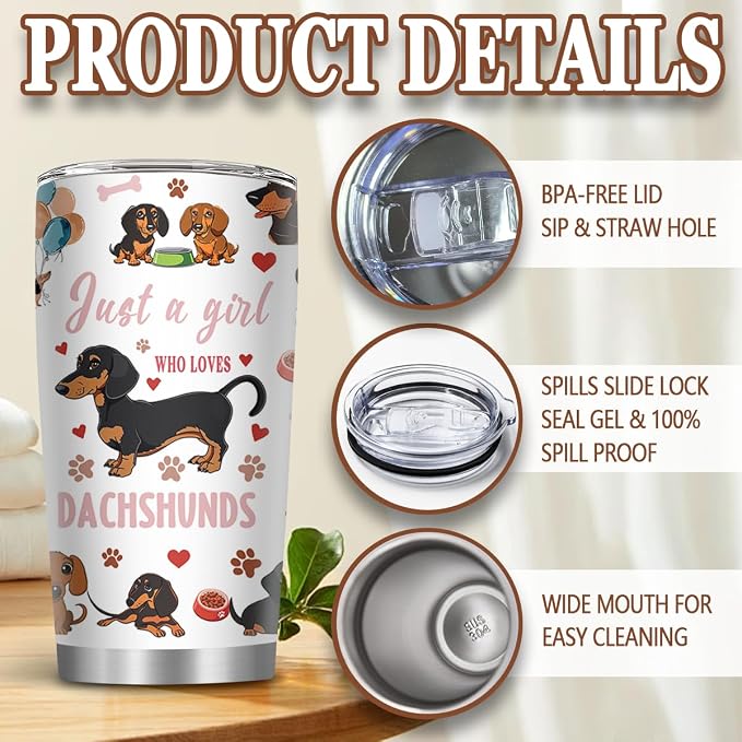 20oz Stainless Steel Just a Girl Who Loves Dachshunds Tumblers for Women | Dachshunds Gifts, Wieners Gift for Women, Dog Tumblers with Brush & Straw, Gifts for Thanksgiving Christmas, 1 PCS
